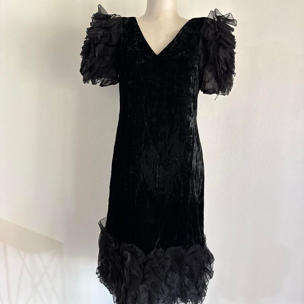 Vintage Nuit 70s 80s Gothic Puff Sleeve burnout Velvet V neck Midi Dress Gown